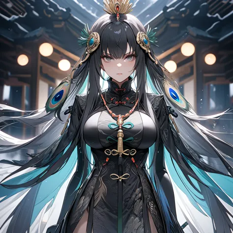 a woman with dark gray hair, long hair, diamond barrette in her hair, gray eyes, wearing black chinese attire with white details...