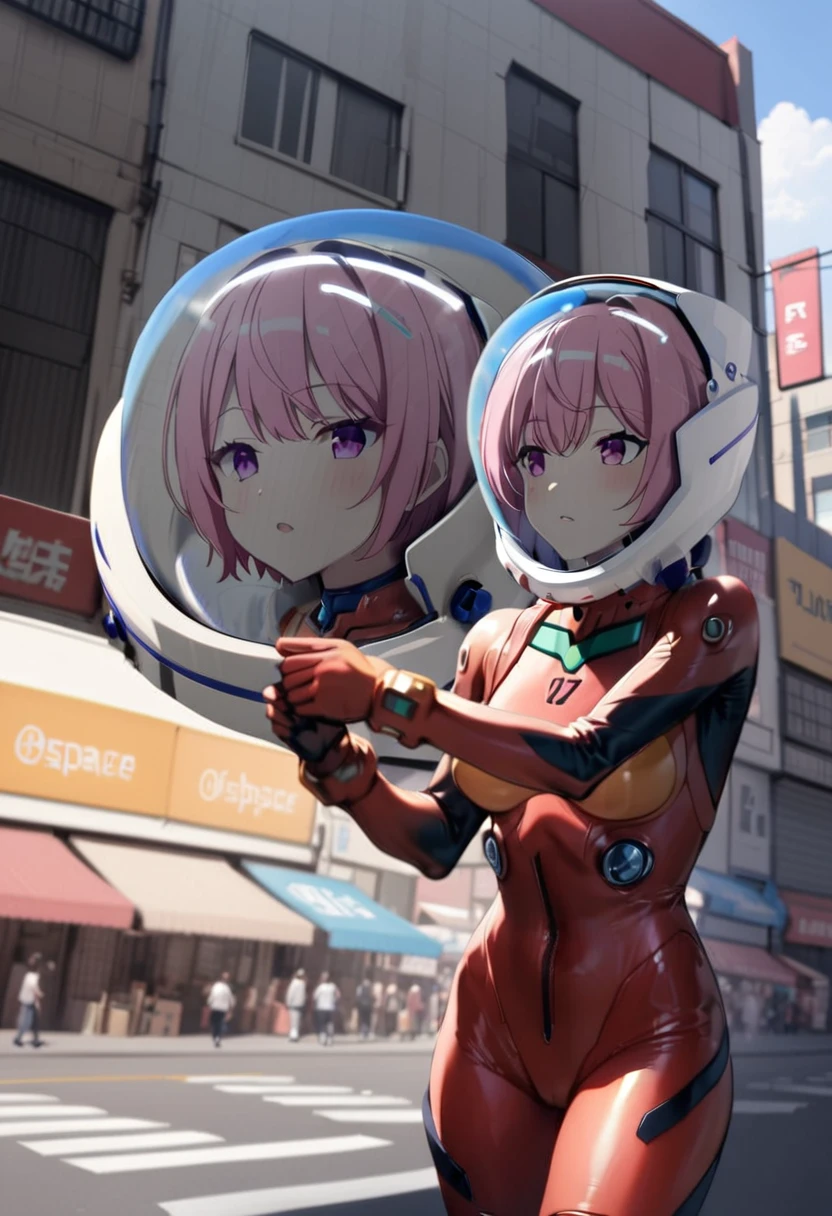 short hair, pink hair, street, emo,pink eyes, eyeliner, fortified suit, ((blue:1.5) plugsuit), short hair, short hair, bangs, blue eyes, brown hair, bodysuit, pilot suit, plugsuit, (red bodysuit:1.5 space helmet, bubble helmet,from side