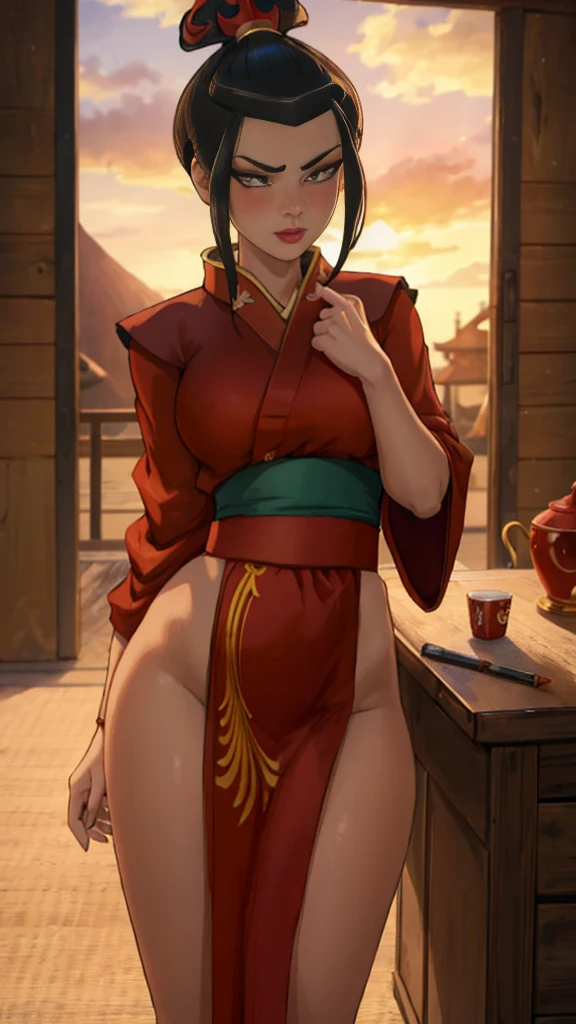 Beautiful, Masterpiece, Best Quality, extremely detailed face, perfect  lighting, Cowboy shot, 1girl, Azula, the perfect body, kimono, seductive, pomade, blushful, moan, makeup, looking a viewer, wide thighs, Erotica,