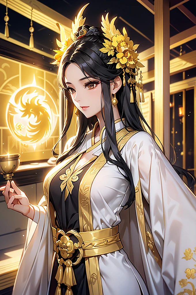 Black Hair, Immortal, Beauty, Royal sister, Stepmother, Gold Yellow Taoist robe, Golden Phoenix Coronet, Hair Bunch, Beautiful Breasts , Mature Woman，Sunshine