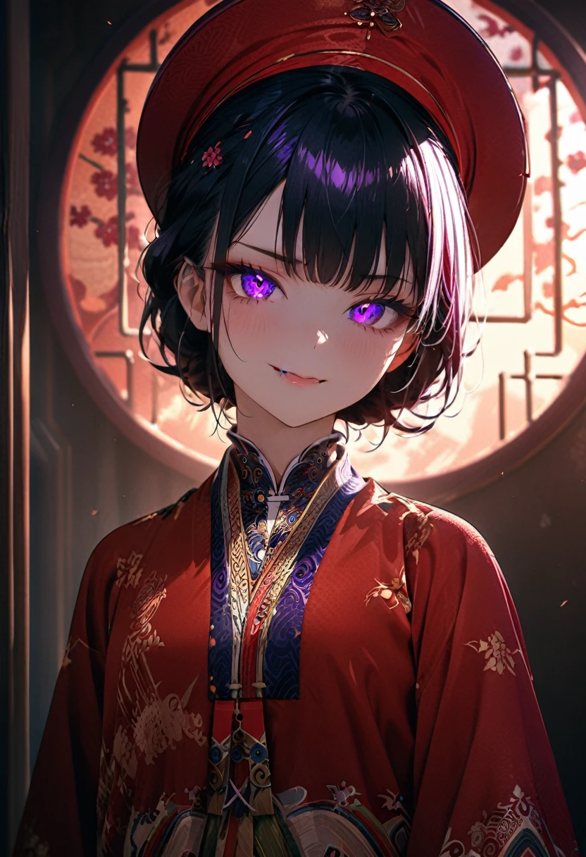 (masterpiece, best quality:1.2), super detailed, extreme detailed, portrait, 1girl, solo, beautiful face, short black hair with bang, glowing purple eyes, detailed eyes, pretty lipstick, spider fangs, smirk, evil expression, standing, nhat binh clothing, hat, long sleeves, wide sleeves, white fog background, East Asia Theme, soft focus, ((cowboy shot)), look at the viewer, tilt head, lens flare, DeepNegative_xl_v1