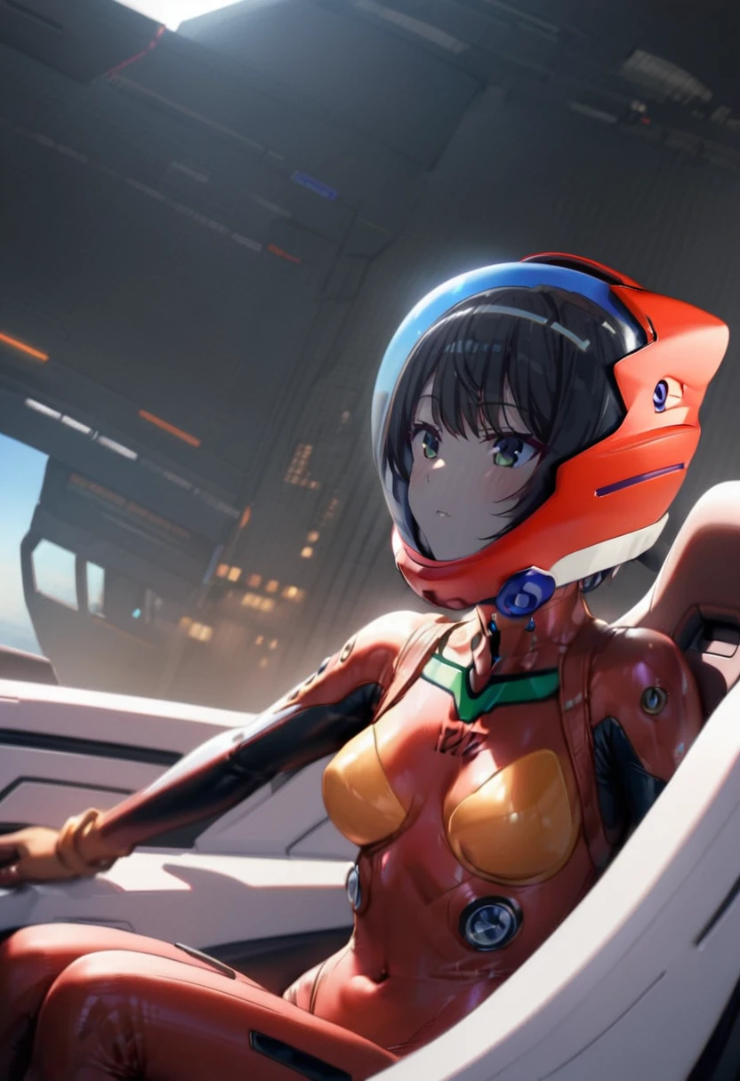 ( short hair, street, emo, BLACK hair, white eyes, eyeliner, apocalypse, girl, nside the (cockpit) of a (futuristic spaceship:1.6), , blush,sitting on a chair, covered navel, space helmet, muvluv, space helm, plugsuit , space helmet, eva helm,red bodysuit, short hair, FROM SIDE,upper body