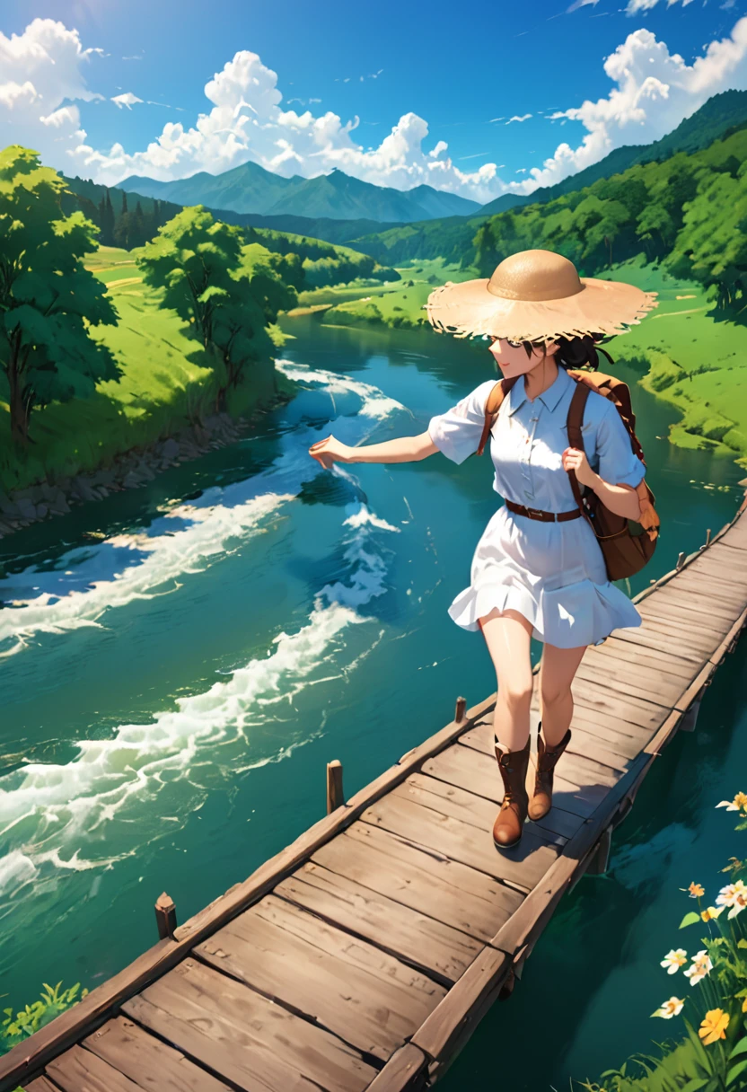 Blue sky and incoming clouds, wooden suspension bridge over a river with a beautiful fast flowing stream in a forest, Wooden suspension bridge, girl with bobbed hair wearing straw hat, white shirt, white skirt, short brown boots, girl with khaki backpack on back, walking on bridge, wind blowing, animated landscape of a bridge over a river with a sky background, beautiful animated background art, animated nature, animated nature wallpap, animated background art, animated background art, animated nature wallpap, animated background art, animated background art blowing, anime landscape of a bridge over a river with a sky background, beautiful anime landscape wallpaper, anime scenery, anime nature, anime nature wallpap, anime background art, anime background, anime beautiful peaceful scene, anime Beautiful anime scene, wallpaper anime Blue Water, anime rural landscape, detailed landscape - width 672, landscape painting