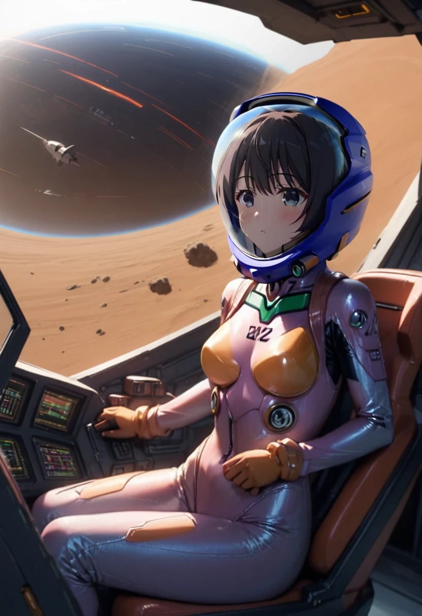 ),, short hair, street, emo, BLACK hair, white eyes, eyeliner, apocalypse, girl, nside the (cockpit:1.9) of a (futuristic spaceship:1.6), , blush,sitting on a chair, covered navel, space helmet, muvluv, space helm, plug suit , space helmet, eva helm, space suit, short hair, FROM SIDE