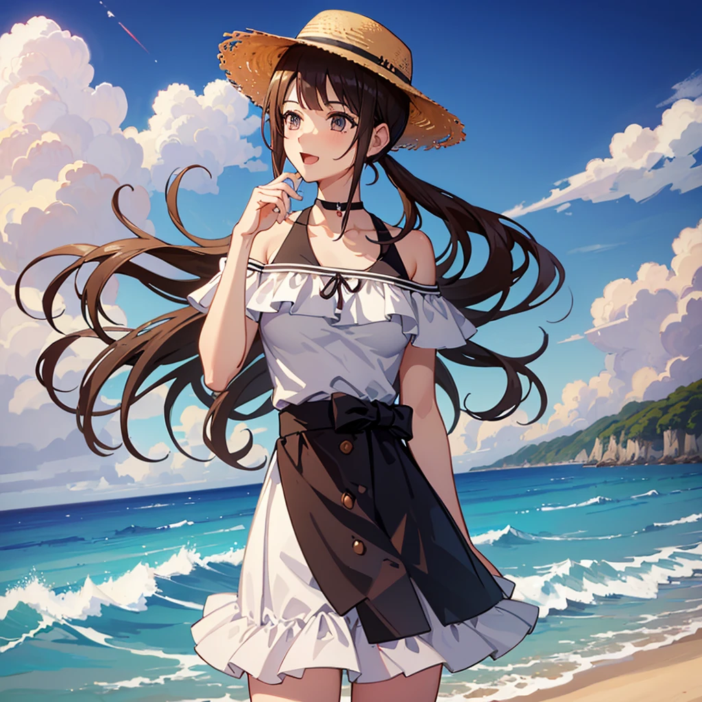 ((Highest quality,masterpiece)),(16K,Ultra-high resolution,Ultra-high resolution,Super detailed),high angle,from front,Okitazawa, a college student, facing the viewer on a summer beach in Japan,pony tails,((黒いoff shoulder dress)),BREAK,White long skirt,open mouth,happy smile,red cheek,Perfect Face, Perfect Eyes,cowboy shot,Anatomically correct body,straw hat,arms behind the back