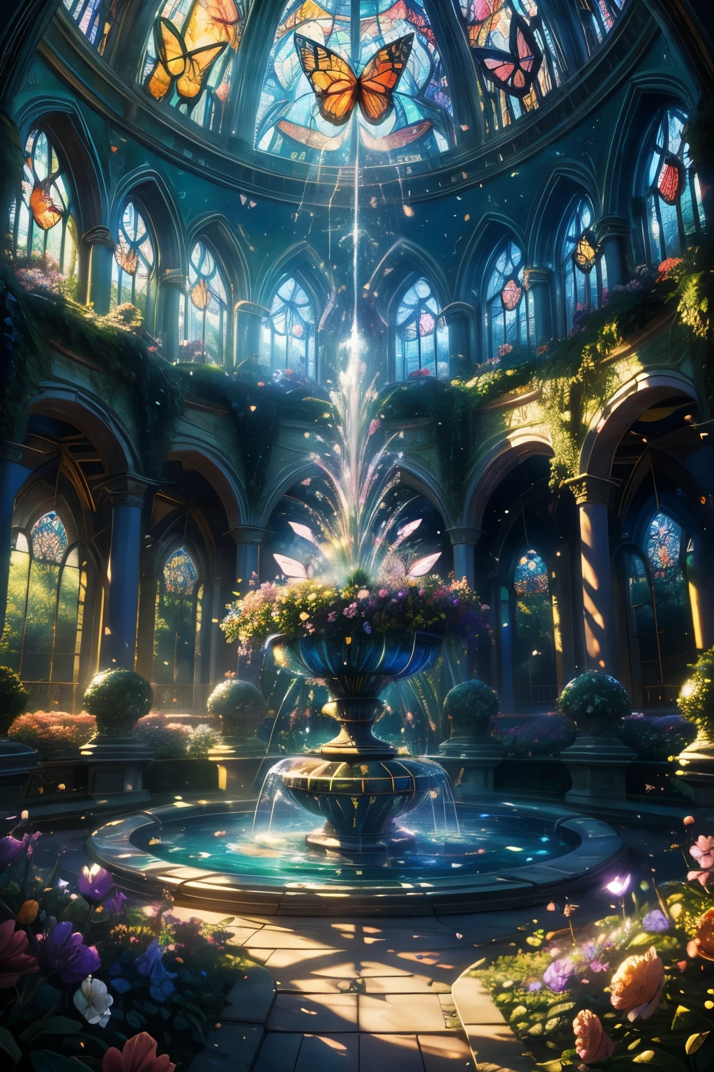 wonderful, garden, dome, Colorful flowers, Magical atmosphere, Whimsical architecture, Sunlight shining through stained glass, Butterfly dancing in the air, Sparkling Fountain, Lush greenery, Vibrant colors, Surreal Landscape [Highest quality, High resolution], Dreamy landscape, Heavenly Beauty, Soft lighting, Enchanting atmosphere