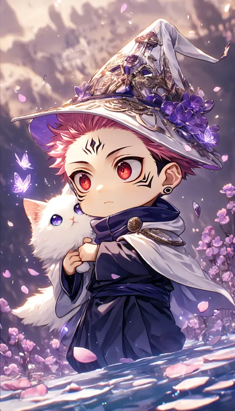 ultra detailed, hdr, highres, absurdres, master piece, ryoumen sukuna chibi, pink hair, expressive red eyes, white magic hat, wh...