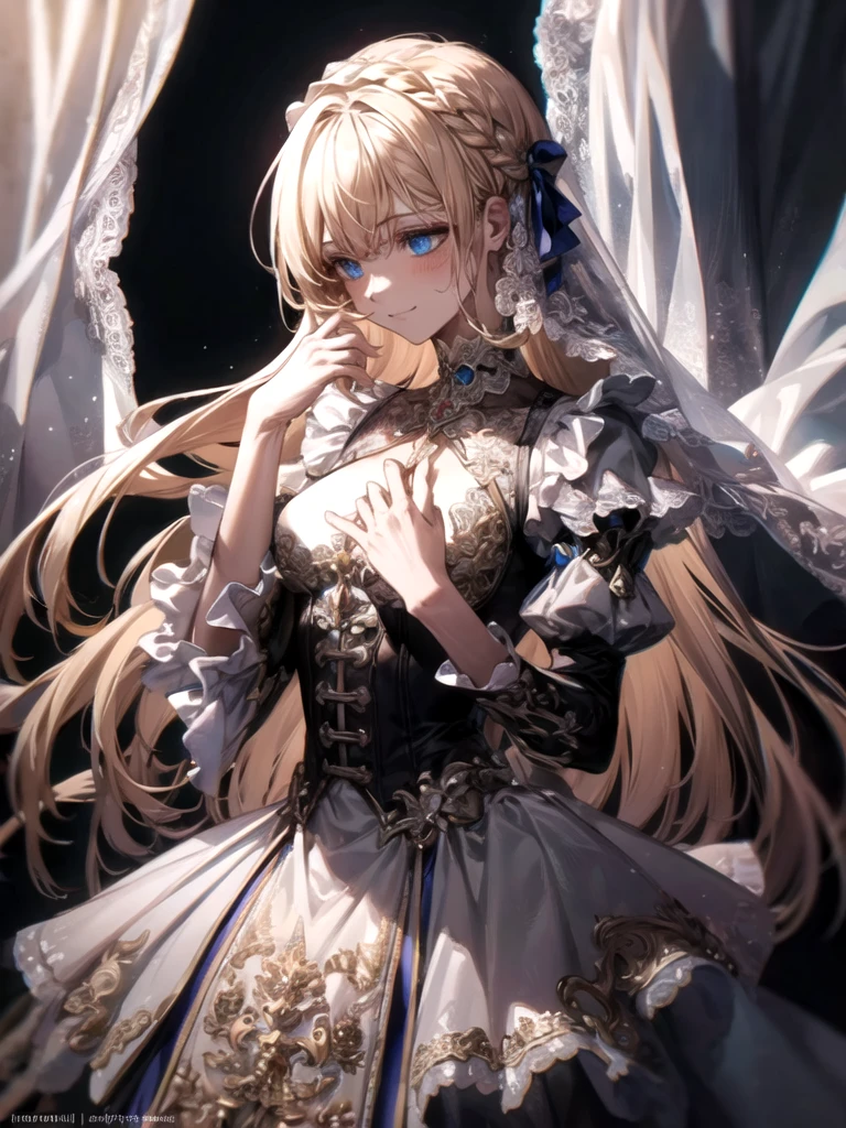 ultra detailed, masterpiece, best quality, solo, soft smile, light smile, 
1girl, blue eyes, very long hair, blonde hair, long blonde hair, french braid, bangs, medium breasts,
hair ribbon, frilled choker, criss-cross halter, sleeveless dress, high-waist skirt, backless dress, waist bow, detached sleeves, frilled sleeves, wide sleeves, pantyhose, patterned legwear, mary janes, watercolor, lineart, rough sketch, RGB, chromatic aberration,