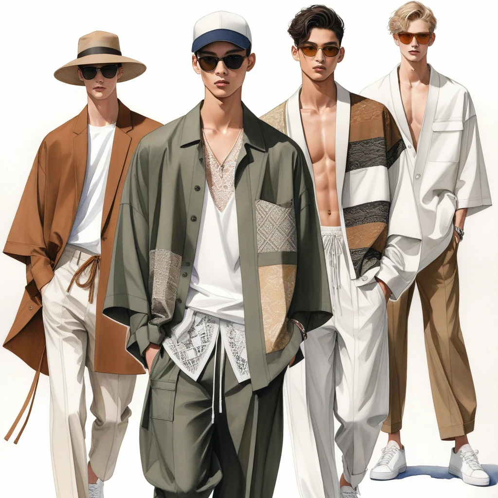 candid fashion illustration of young 3man , aged 18-23 year old, tall and slender, Mixed race male super model, ((showcase fashion in a cotton outfits inspired by menswear collection 2022)), in elegant modern Trible style with ((ethnic woven details)), natural Earth tone color. The 1st man wears an oversized shirt with Trible embroidery and lace details, paired with slim-fit Pants, semi hard bugle, The 2nd man complements him in a white lace shirt, paired with big striped Drawstring short. 3rd man wears an oversized patchwork Yukata with long-sleeved shirt, lace details, relaxed-fit white hammer Pants, side entry pockets, all completes the look with white sneakers, sunglasses, hat, Captured in a ((full-body pose)), ((simple water-color on white paper background)), realistic pencil lines, imperfect drawing, charcoal lines detail, fading sketch, fashion Sketching, low angle view, (full body image).