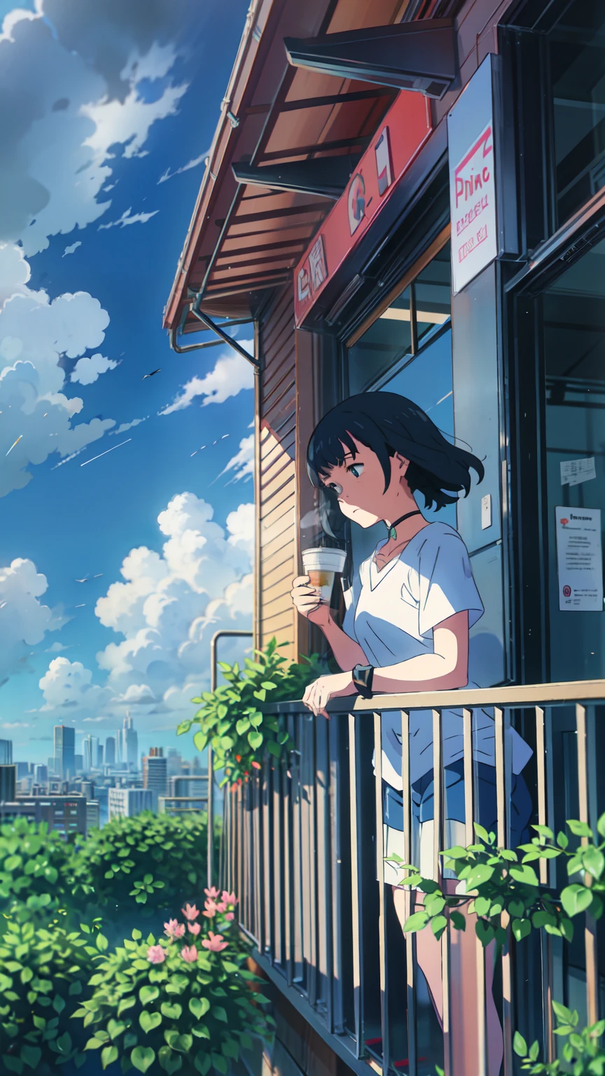 Girl standing on balcony with coffee in hand, cgsociety 9, Chill Hop, Alena Aenami and Artgerm, Makoto Shinkai and Artgelm, Lo-fi girl aesthetic, Anime Scenery, makoto shinkai and (Cain Kuga), Lo-fi aesthetic, Anime scenery, Anime Nature, roof backgrond, Anime Wallpaper