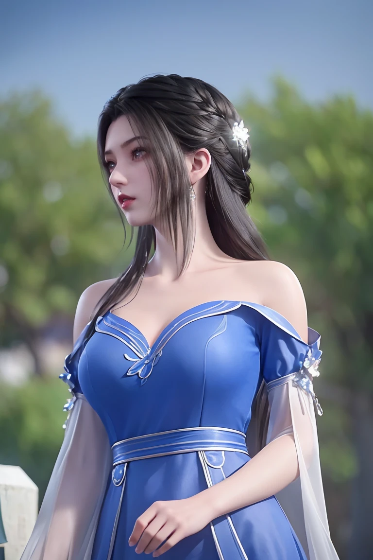 (8K, RAW photos, best quality, masterpiece:1.2),(Practical, photo-Practical:1.4), Extremely detailed, extremely detailed cg 8K wallpaper,(Crystal textured skin:1.2), (Extremely refined),
1 Girl,Solitary, Practical,Black Hair,Long hair,Bare shoulders,Blue Dress,Large Breasts,cleveage, Looking at the audience, outdoor,