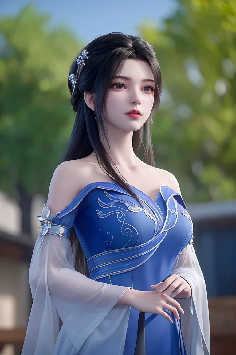 (8K, RAW photos, best quality, masterpiece:1.2),(Practical, photo-Practical:1.4), Extremely detailed, extremely detailed cg 8K wallpaper,(Crystal textured skin:1.2), (Extremely refined),
1 Girl,Solitary, Practical,Black Hair,Long hair,Bare shoulders,Blue Dress,Large Breasts,cleveage, Looking at the audience, outdoor,