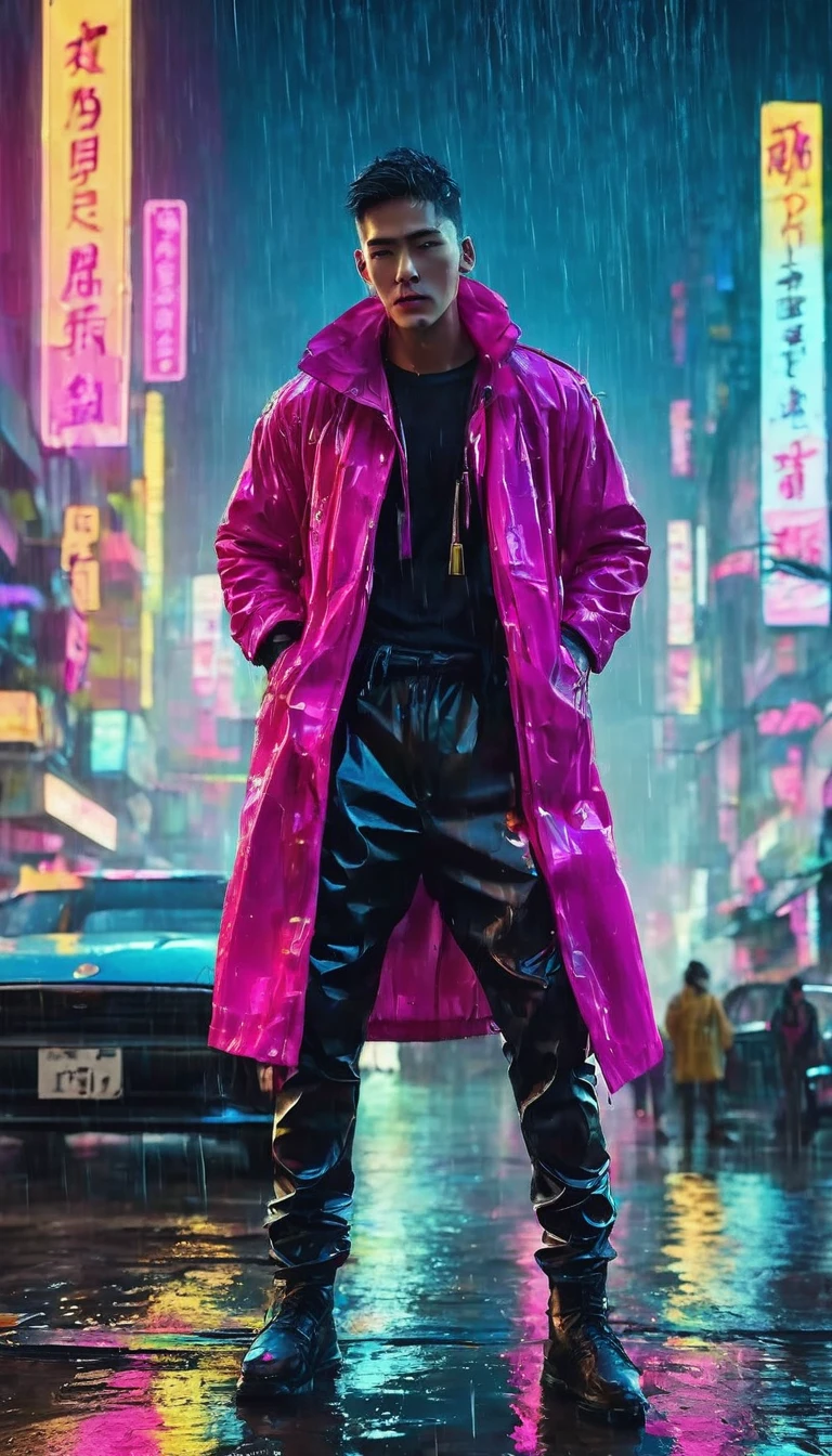 low angle shot:1.7,(work of art, best qualityer, high resolution, 32k unit wallpaper, extremely detailed CG:1), (weak illustration on stage:1.0), ((4 handsome young man:1.55 by cyberpunk:1.5 dancing in the rain:1.54. naughty man)),(( Cyberpunk night city:1.4)), neon signs futuristic cars,rain in a dark place, ((wet clothes magenta neon lights perfectly illuminating the young man:1.45) ,(1 handsome young man:1.55 by cyberpunk:1.5 dancing in the rain:1.54 woman)