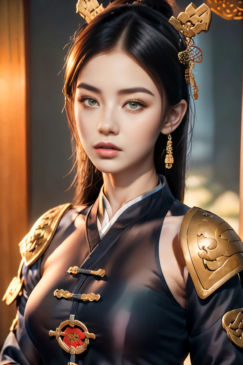 Game Art，Best picture quality，Maximum resolution，8K，(A bust photo)，(portrait)，(Head close-up)，(Rule of Thirds)，Unreal Engine 5 rendering works， (Future Girl)，(Female Warrior)， 
15-year-old girl，(Ancient Chinese general)，Eyes full of details，(Large Breasts)，Elegance and nobility，indifferent，brave，
(Wearing ancient Chinese style armor，Tang Dynasty armor，The costumes are rich in detail，Metallic luster，Silver gray)，Chinese characters，Fantasy style，
Photo poses，Wild background，Movie Lighting，Ray Tracing，Game CG，((3D Unreal Engine))，OC rendering reflection mode