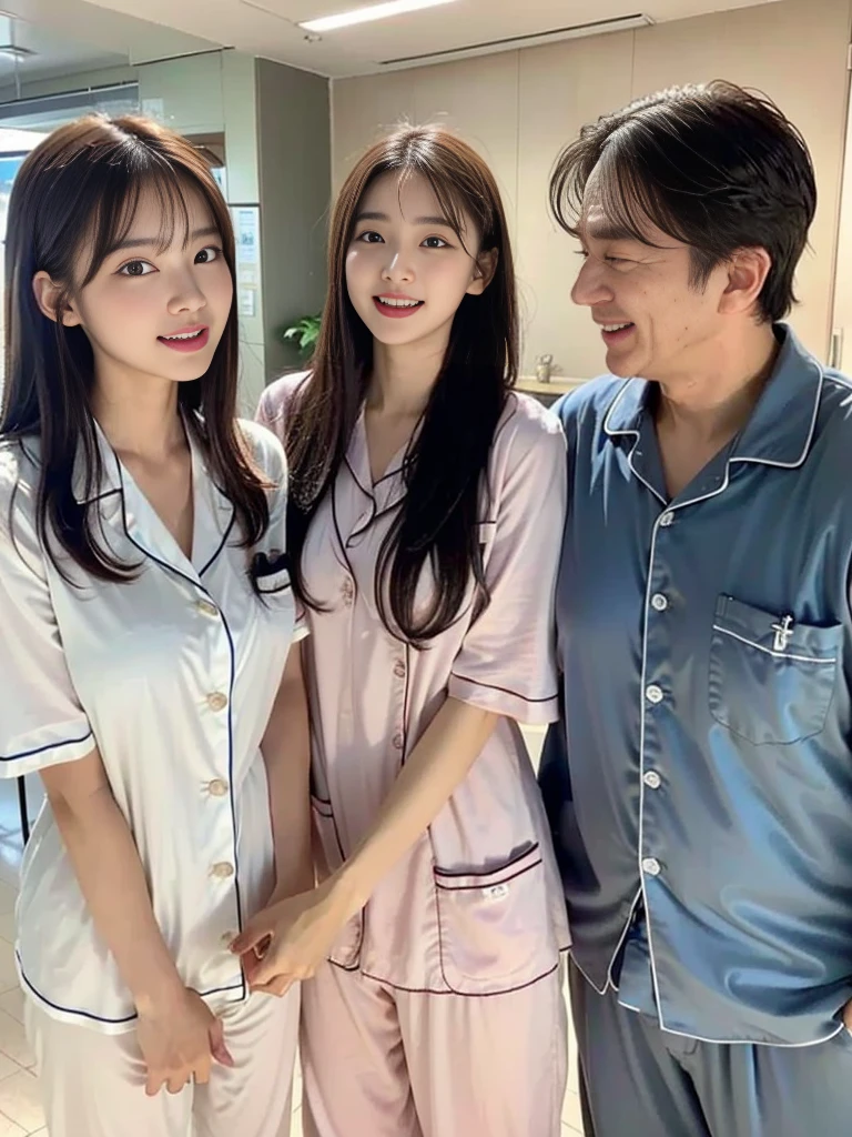 (A photo of a super cute Korean schoolgirl wearing cute pajamas chatting with her usual boyfriend and an elderly man:1.2)(Laughing out loud:1.1)(Sweating profusely:1.1)(16K, RAW Photos, Highest quality, masterpiece: 1.2),(Shiny and beautiful black long hair) Super detailed, Super Resolution, (Genuine, Genuine photos: 1.37), Portraiture, High-resolution RAW color photos, Professional photos, Very detailed, 8k wallpaper, Very detailed CG Unity 8k wallpaper, Very detailed beautiful girls, Very detailed faces, ((whole body)), beautiful woman, Huge breasts,(huge boobs:1.1) (Big Boobs:1.1), beautiful schoolgirl (Wearing oversized pajamas),high school girl, Korean Girls,(K-POP Female Idols), (Idol-class beauty)(Beautiful high school girl:1.1)(Nursing home cafeteria)(17 years old)(Cute short sleeve pajamas:1.1)Date,Breast massage,Breast milk,Bukkake,Facial school student:1.1)(Nursing home cafeteria)(17 years old)(Cute short sleeve pajamas:1.1)Date,Breast massage,Bukkake,from side,Elderly care