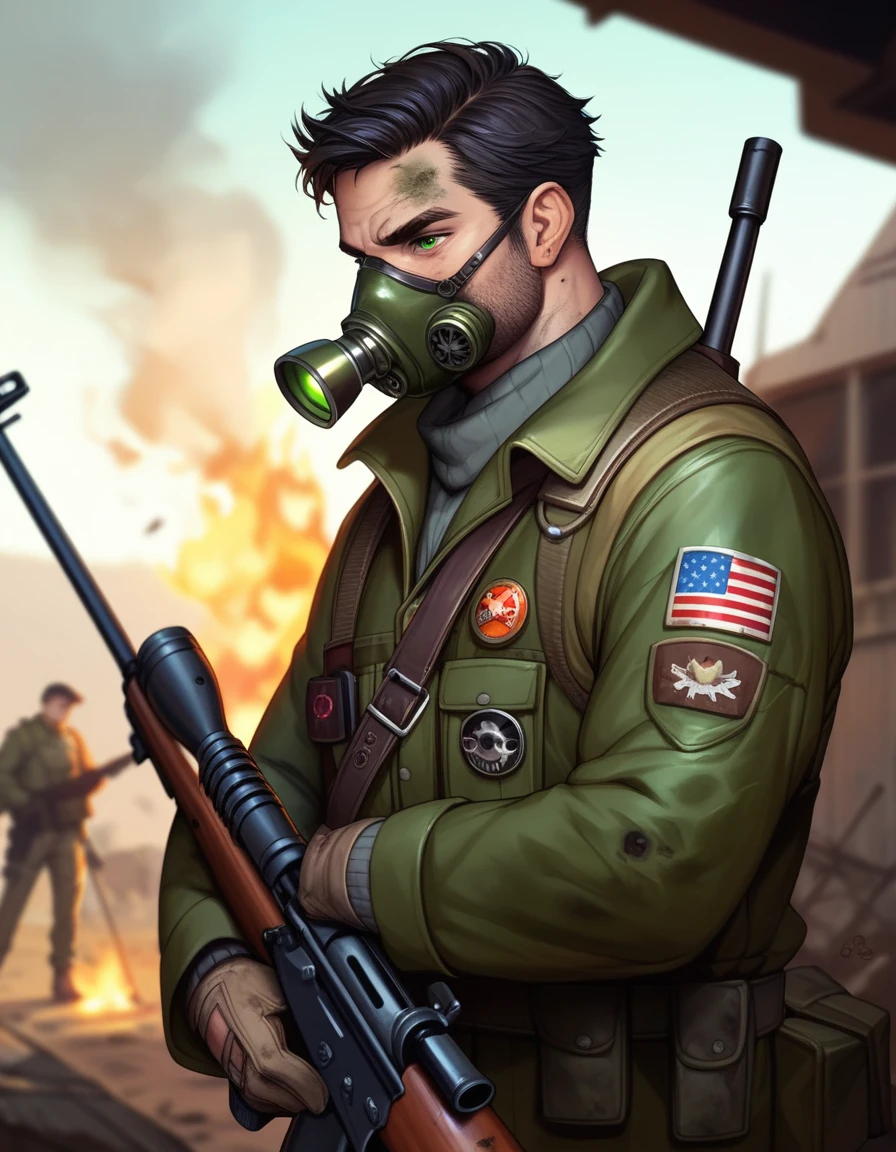 1guy,mature,short black hair,gasmask,green eyes,ripped green coat,wasteland gear,bagpack,sniper rifle,dirty,warzone,fire in the background