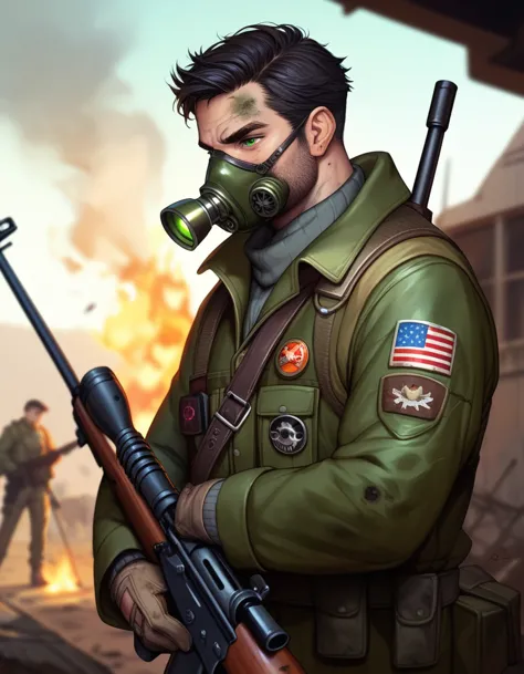 1guy,mature,short black hair,gasmask,green eyes,ripped green coat,wasteland gear,bagpack,sniper rifle,dirty,warzone,fire in the ...