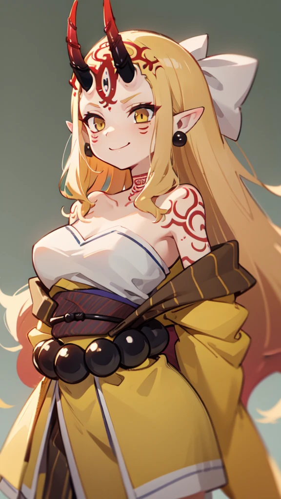 1girl, solo, (ibaraki_douji), blonde, yellow eyes, oni horns, japanese clothes, pointy ears, kimono, bare shoulders, off shoulder, yellow kimono, forehead, ((arms behind back)), hair accesories, straight hair, jewelry, earrings, large smile, smug, upper body, standing, masterpiece, best quality, 8k, beautiful