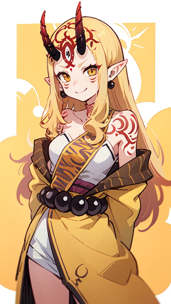 1girl, solo, (ibaraki_douji), blonde, yellow eyes, oni horns, japanese clothes, pointy ears, kimono, bare shoulders, off shoulder, yellow kimono, forehead, ((arms behind back)), hair accesories, straight hair, jewelry, earrings, large smile, smug, upper body, standing, masterpiece, best quality, 8k, beautiful