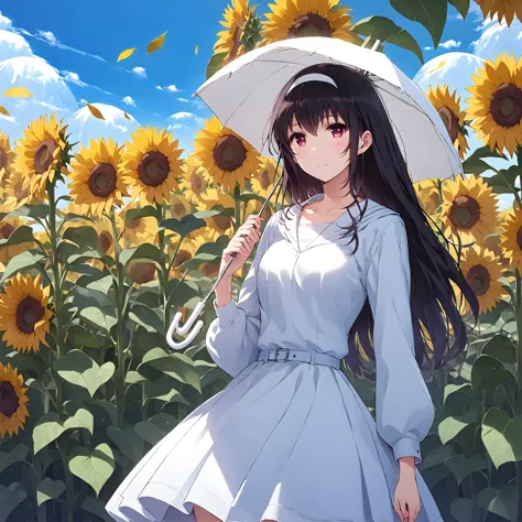 an anime-style beauty standing in a sunflower field。perfect body，individual，beautiful woman wearing a white dress，elegant skirt ...