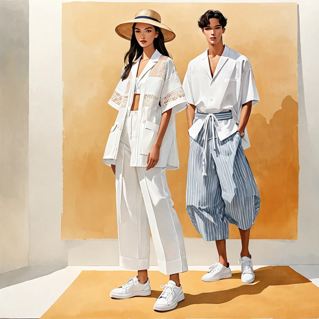 candid fashion illustration of young 2man and 1girl, aged 18-23 year old, tall and slender, Mixed race male super model, ((showcase fashion in a cotton outfits inspired by designer Jacquemus resort collection 2023)), in elegant modern Trible style with ((ethnic woven details)), natural Earth tone color. The 1st man wears an oversized shirt with Trible embroidery and lace details, paired with slim-fit Pants, semi hard bugle. The 2nd man complements him in a white lace shirt, paired with big striped Drawstring short. 3rd man wears an oversized patchwork Yukata with short-sleeved shirt, lace details, relaxed-fit white hammer Pants, side entry pockets, and completes the look with white sneakers, glasses. the woman wearing an Ankle-length mini dress in cotton woven, frill-trimmed neckline with minimal lace detail, Her ensemble includes an accessorizes with a wide-brimmed straw hat, white sneakers. Captured in a ((full-body pose)), ((simple water-color on white paper)), realistic pencil lines, imperfect drawing, charcoal lines detail, fading sketch, fashion Sketching, low angle view, (full body image)