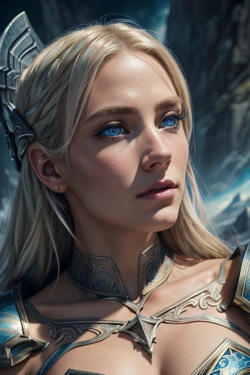 Asgard，valkyrie，Lady Knight, Platinum blonde，anatomical correct，epic fantasy digital art，Masterpiece artwork，8k，high definition resolution，detailed drawing，Quality Superior， high details, best quality, goddess (Close-up of a better masterpiece:1.5), (blue eyes:1.2) (Colored stars in the eyes:1.0) (A radiant glow:1.1) (thick lips:0.9), (masterpiece:1.2), (best quality:1.2), (very aesthetic:1.2), (absurdres:1.2), (detailed background),(detailed face:1.1), (perfect hands:1.1), (defined features:1.1), delicate beauty with extreme edge lighting, all rendered in a vibrant 8K style, fine art, surreal fantasy,, Epic composition, muscular body, tattoo on the muscular abdomen