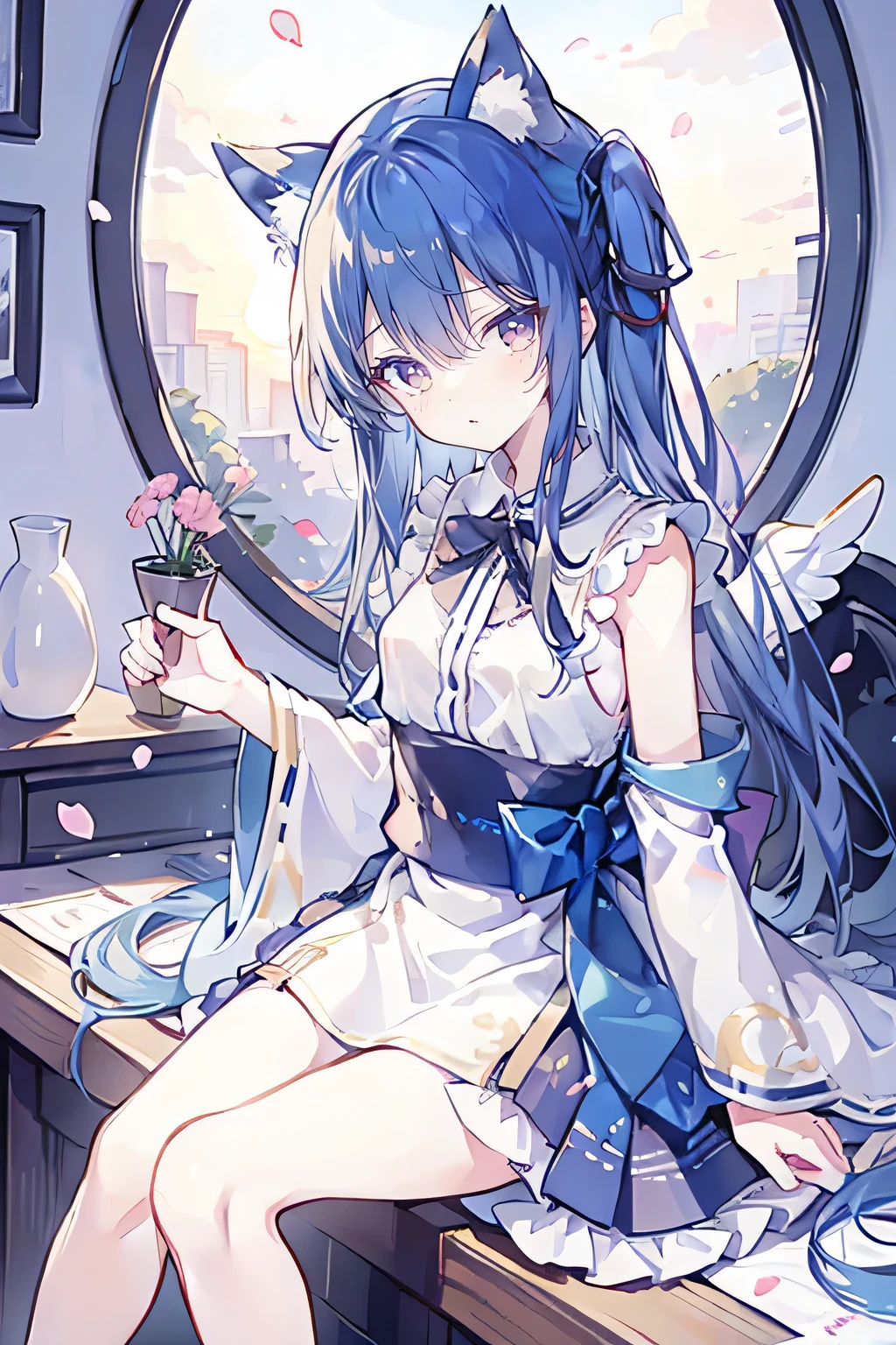 （masterpiece：1.2），Super detailed，lifelike，Expressive eyes，fair skin，perfect face shape，1 girl，
Japanese comics,Gorgeous blue hair,flowing blue hair,flowing clothes,Cat ears,Petals fall,beautiful lola,Baby Angel,
Shaking head with one hand，Cross your legs，，The pavilion is cool and comfortable,smile,back views,sunrise,Petals fall,sunrise，sitting on window sill drinking coffee and looking out the window。