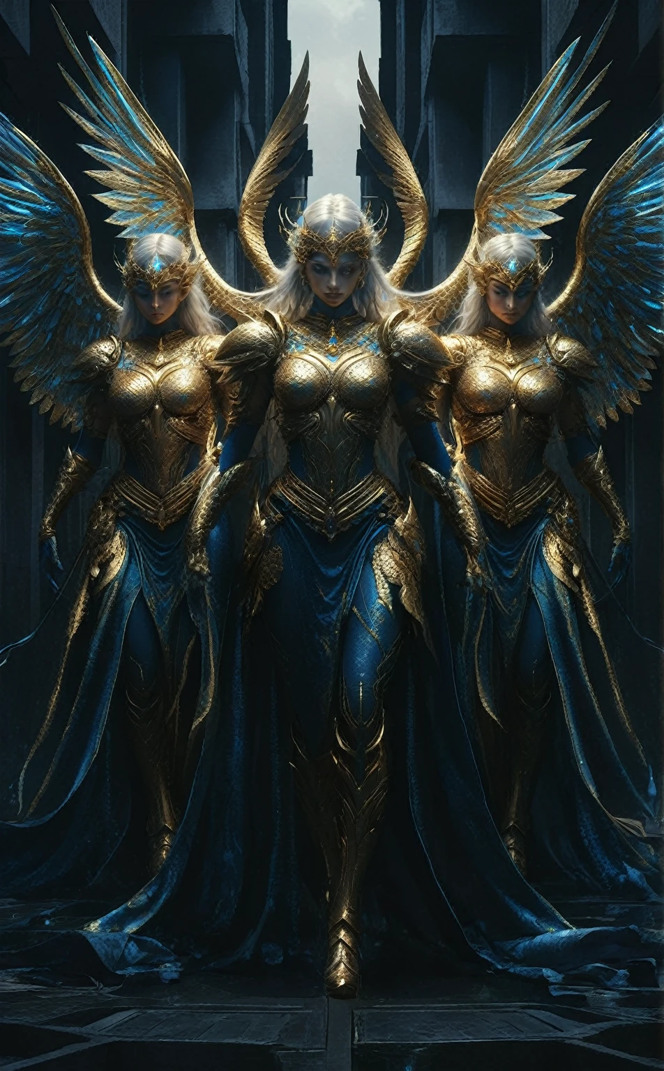 a close up of three women in gold and blue costumes, symmetrical epic fantasy art, stunning cgsociety, cgsociety 9, tomasz alen kopera and cgsociety, cgsociety ), trending in cgsociety, angelic golden armor, cgsociety contest winner, peter mohrbacher. unreal engine, g cgsociety, cgsociety concept art, trending cgsociety