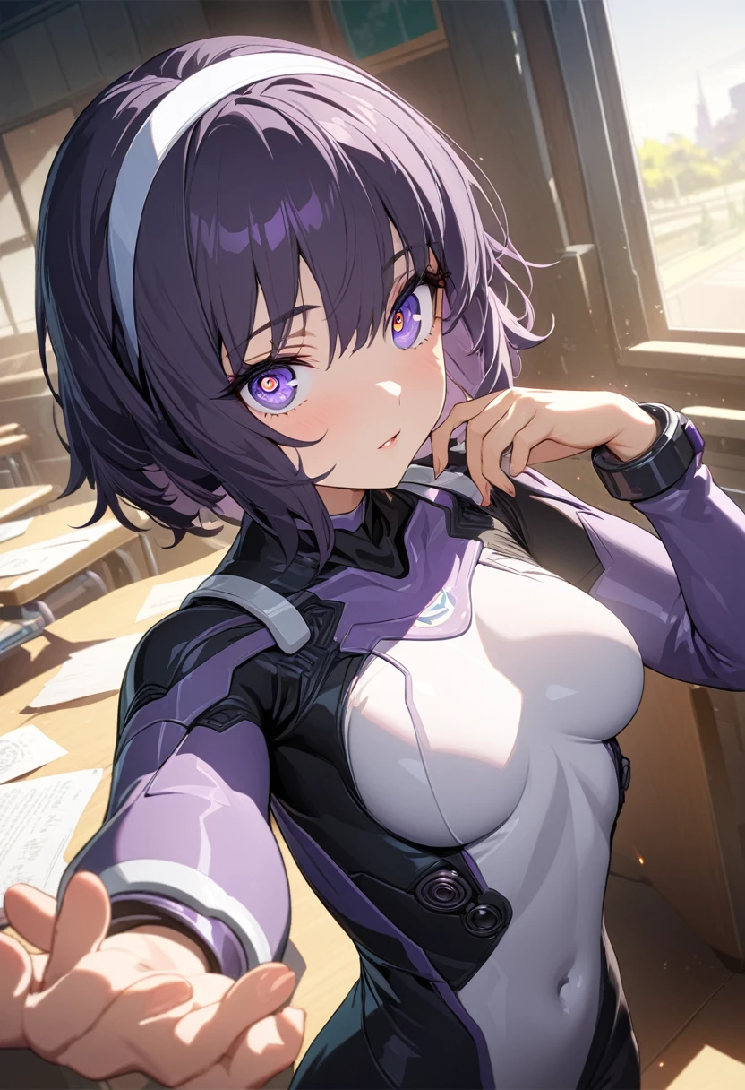 Motoko Kusanagi, (purple eyes:1.5), hair band, short hair, dark purple hair, white hair band,
Bodysuit for relaxation, Covered navel, pilot suit, Red bow, Science fiction,
break inside, classroom,
REST looking at the viewer, BREAK (masterpiece:1.2), Best Quality, High resolution, unity wallpaper 8k, (illustration:0.8), (beautiful detailed eyes:1.6), extremely detailed face, perfect lighting, Extremely detailed CG, (perfect hands, perfect anatomy),