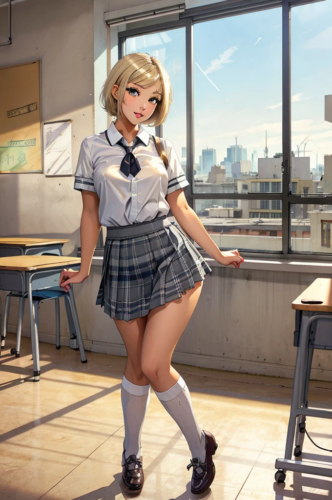 Dreaming highschool girl, seating in the class room, grey eyes, grey mini skirt, very short blond haircut, lovely watching at window, full body view shot, white school uniform blouse, black tie, perfect legs