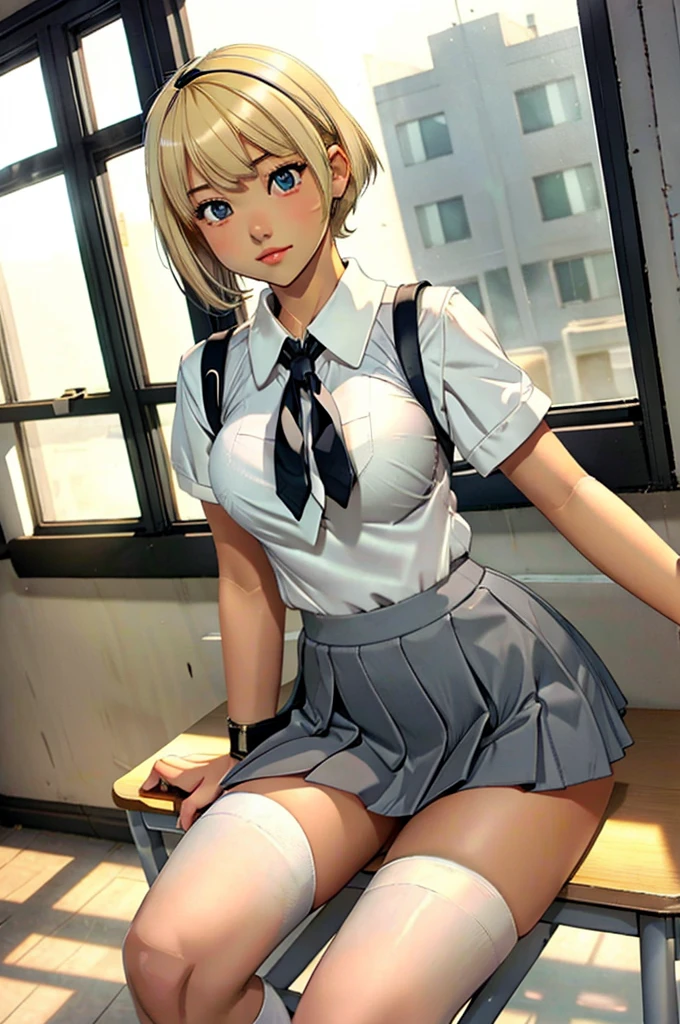 Dreaming highschool girl, watching in the window, seating in the class room, grey eyes, grey mini skirt, very short blond haircut, white school uniform blouse, black tie, perfect legs