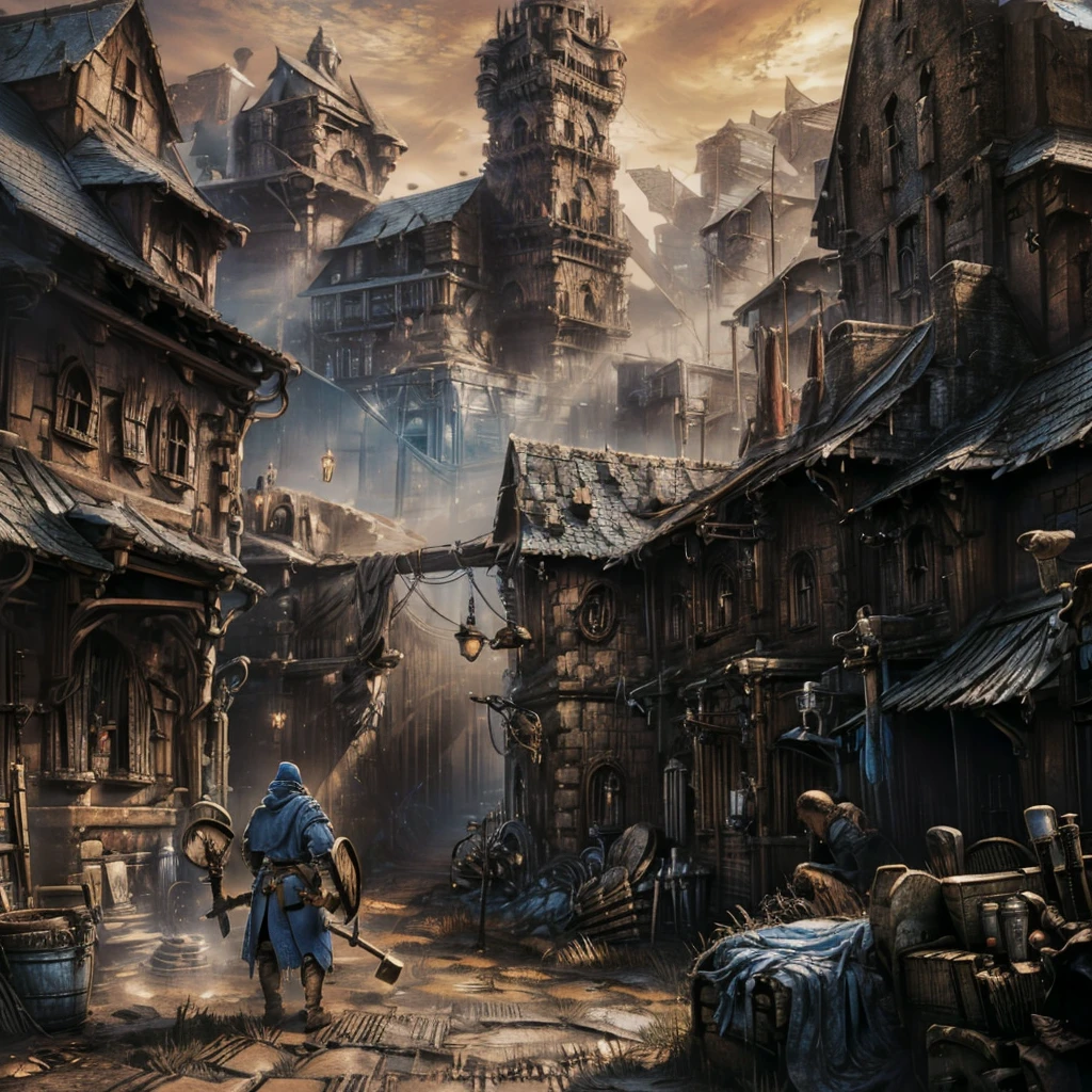 A middle-aged man(Medieval European Blacksmith，artisan，a carpenter，engineer)，wearing a headscarf，Wearing brown blue cloth，Armed with a hammer，Beating the iron block，There is a forging furnace nearby。Medium shot composition，full body pictures，Characters and scenes，game concept art style，Anime illustration style，Marker style，HD，4K。