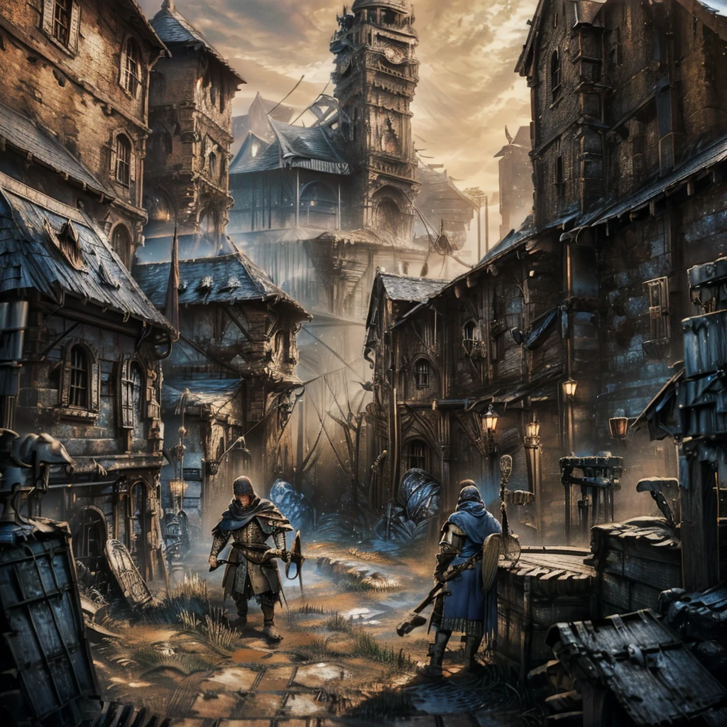 A middle-aged man(Medieval European Blacksmith，artisan，a carpenter，engineer)，wearing a headscarf，Wearing brown blue cloth，Armed with a hammer，Beating the iron block，There is a forging furnace nearby。Medium shot composition，full body pictures，Characters and scenes，game concept art style，Anime illustration style，Marker style，HD，4K。