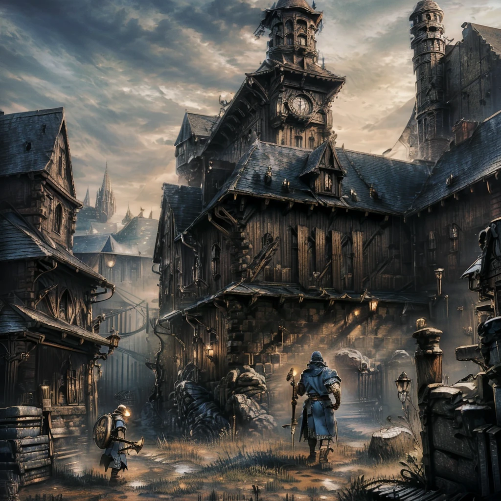 A middle-aged man(Medieval European Blacksmith，artisan，a carpenter，engineer)，wearing a headscarf，Wearing brown blue cloth，Armed with a hammer，Beating the iron block，There is a forging furnace nearby。Medium shot composition，full body pictures，Characters and scenes，game concept art style，Anime illustration style，Marker style，HD，4K。