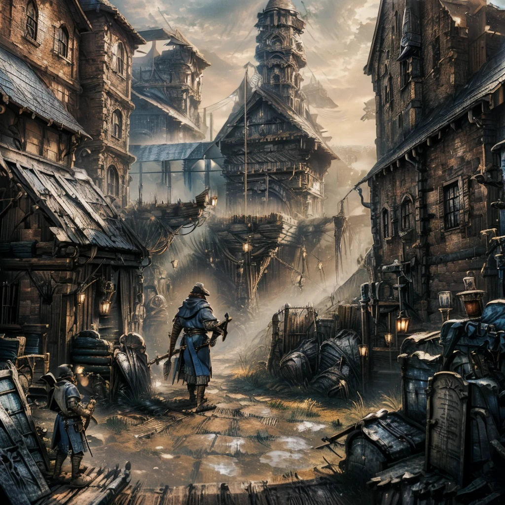 A middle-aged man(Medieval European Blacksmith，artisan，a carpenter，engineer)，wearing a headscarf，Wearing brown blue cloth，Armed with a hammer，Beating the iron block，There is a forging furnace nearby。Medium shot composition，full body pictures，Characters and scenes，game concept art style，Anime illustration style，Marker style，HD，4K。