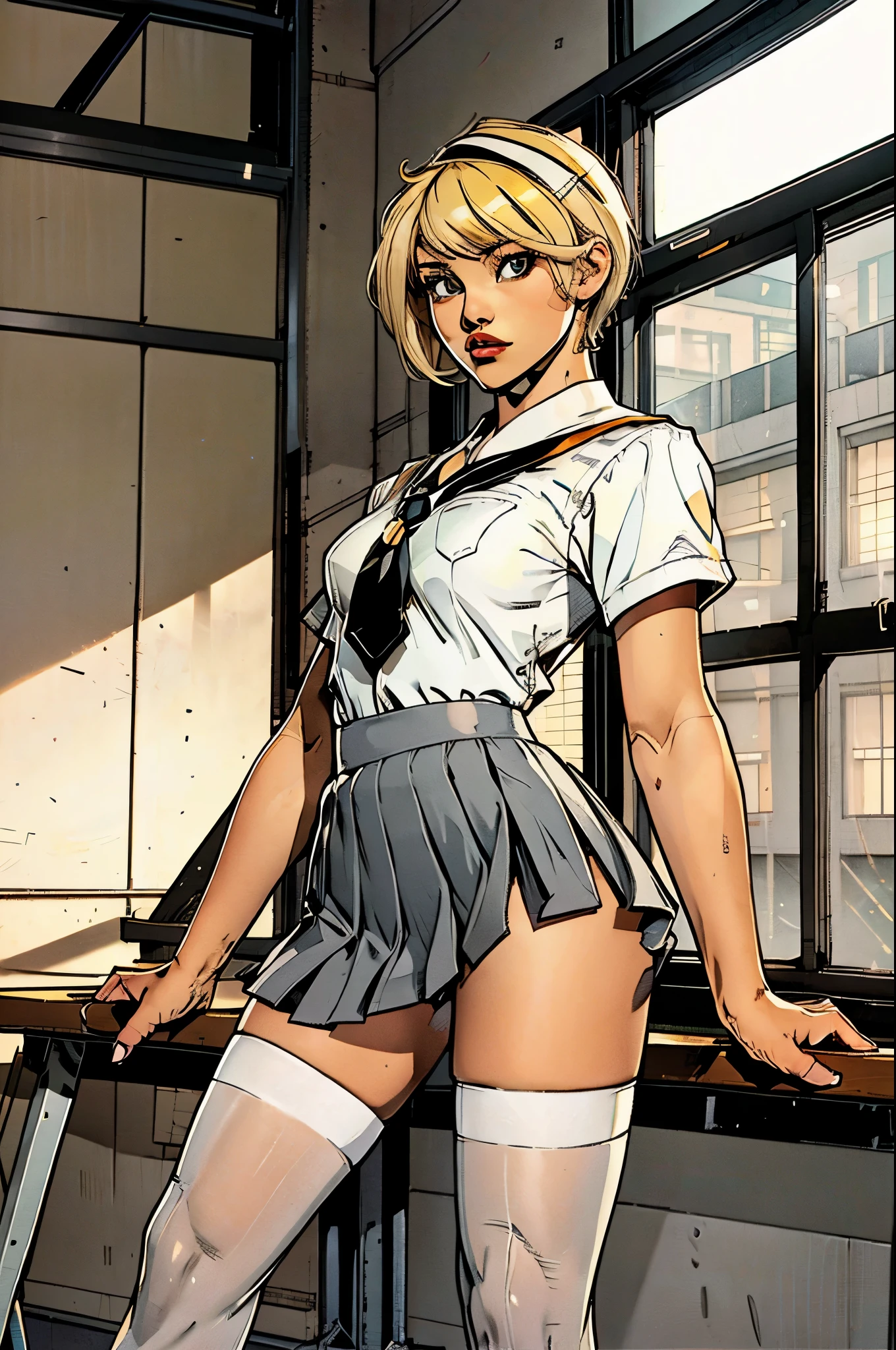 Dreaming highschool girl, watching in the window, seating in the class room, grey eyes, grey mini skirt, very short blond haircut, white school uniform blouse, black tie, perfect legs