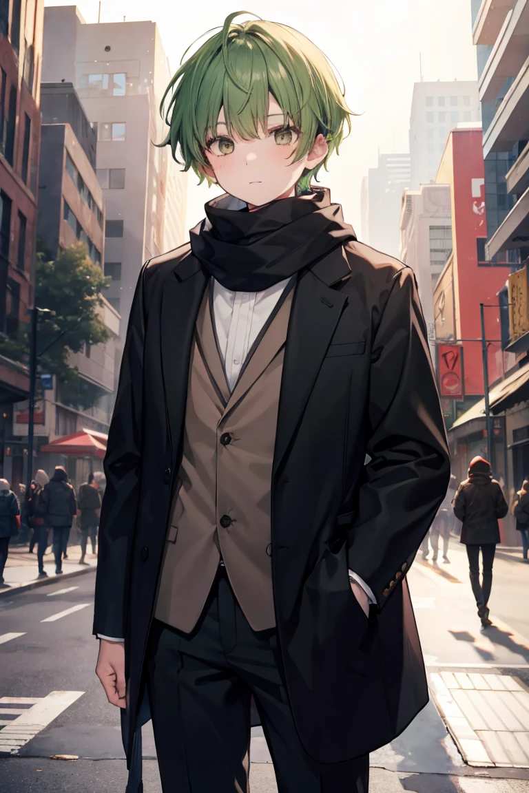 Boy, heavy bangs, short, green hair, dark eyes, brown eyes, long scarf that covers the neck, red long sleeves, black long pants