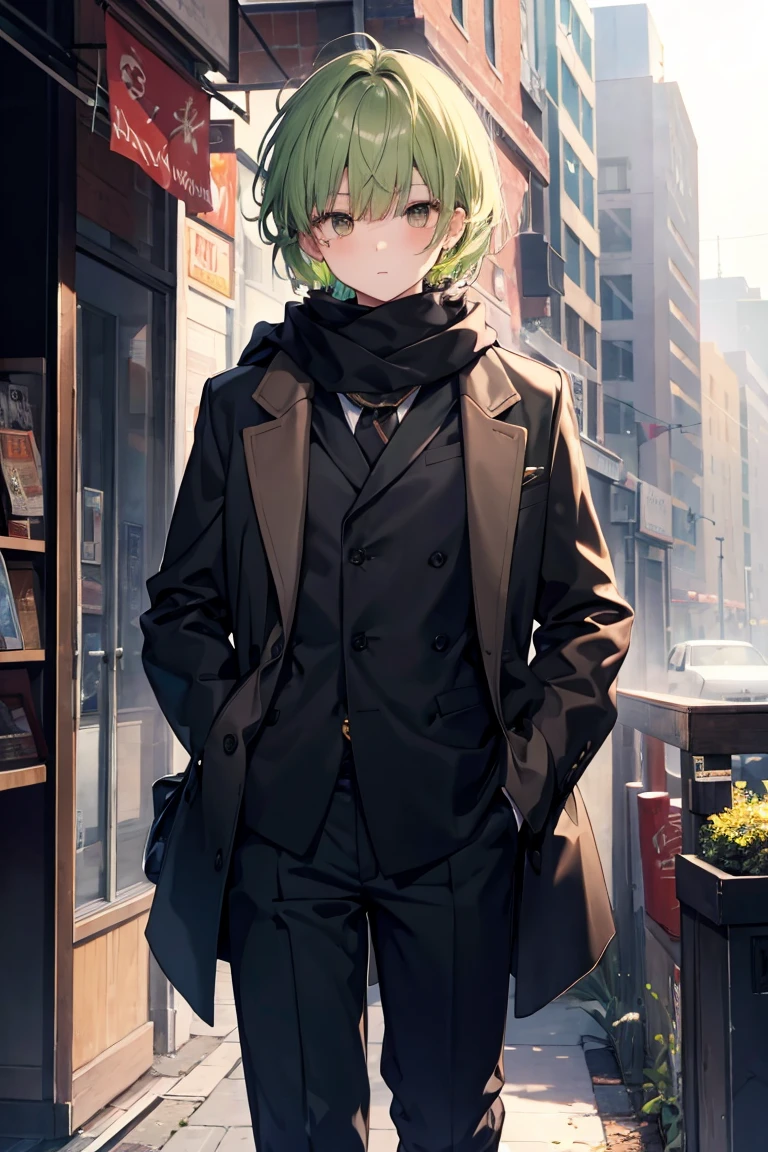 Boy, heavy bangs, short, green hair, dark eyes, brown eyes, long scarf that covers the neck, red long sleeves, black long pants