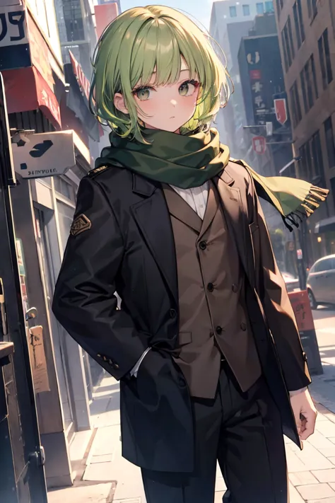 (boy, heavy bangs, short, green hair, dark eyes, brown eyes, long white scarf that covers the neck, red long sleeves, black long...