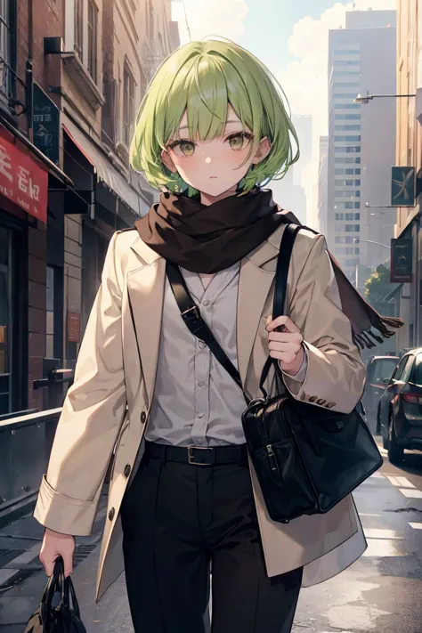 (boy, heavy bangs, short, green hair, dark eyes, brown eyes, long white scarf that covers the neck, red long sleeves, black long...