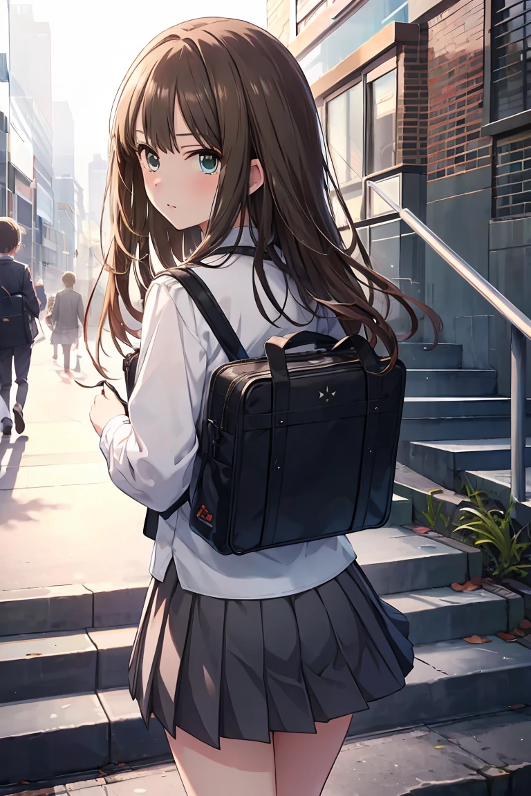 animese anime girl in skirt and blouse with suitcase walking up the stairs, 1girl, stairs, skirt, long hair, shibuya rin, looking at viewer, looking back, bag, solo, grey skirt, school uniform, pleated skirt, covering ass, from behind, blush, long sleeves, bangs, school bag