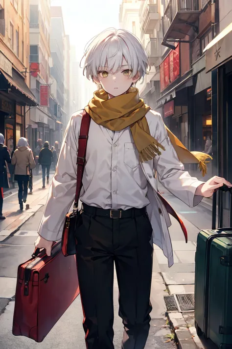 (boy, heavy bangs, short, green hair, dark eyes, brown eyes, long white scarf, red long sleeves, black long pants) and(boy with ...