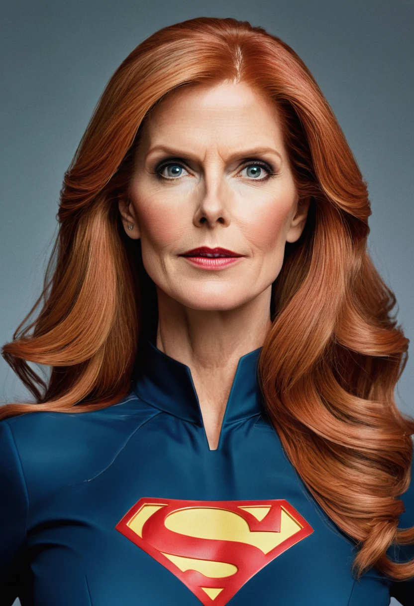 a close up of a old Julie Hagerty(((Red hair))) in a Supergirl 1984s costume with a man in a black suit, dale keown and van sciver, supergirl, dc comics art style, textless, by Alan Davis, by John Keane, dc comics style, comic digital art, by Jason Felix, by Eddie Mendoza, by Matt Stewart, comic book's cover, comic book art style