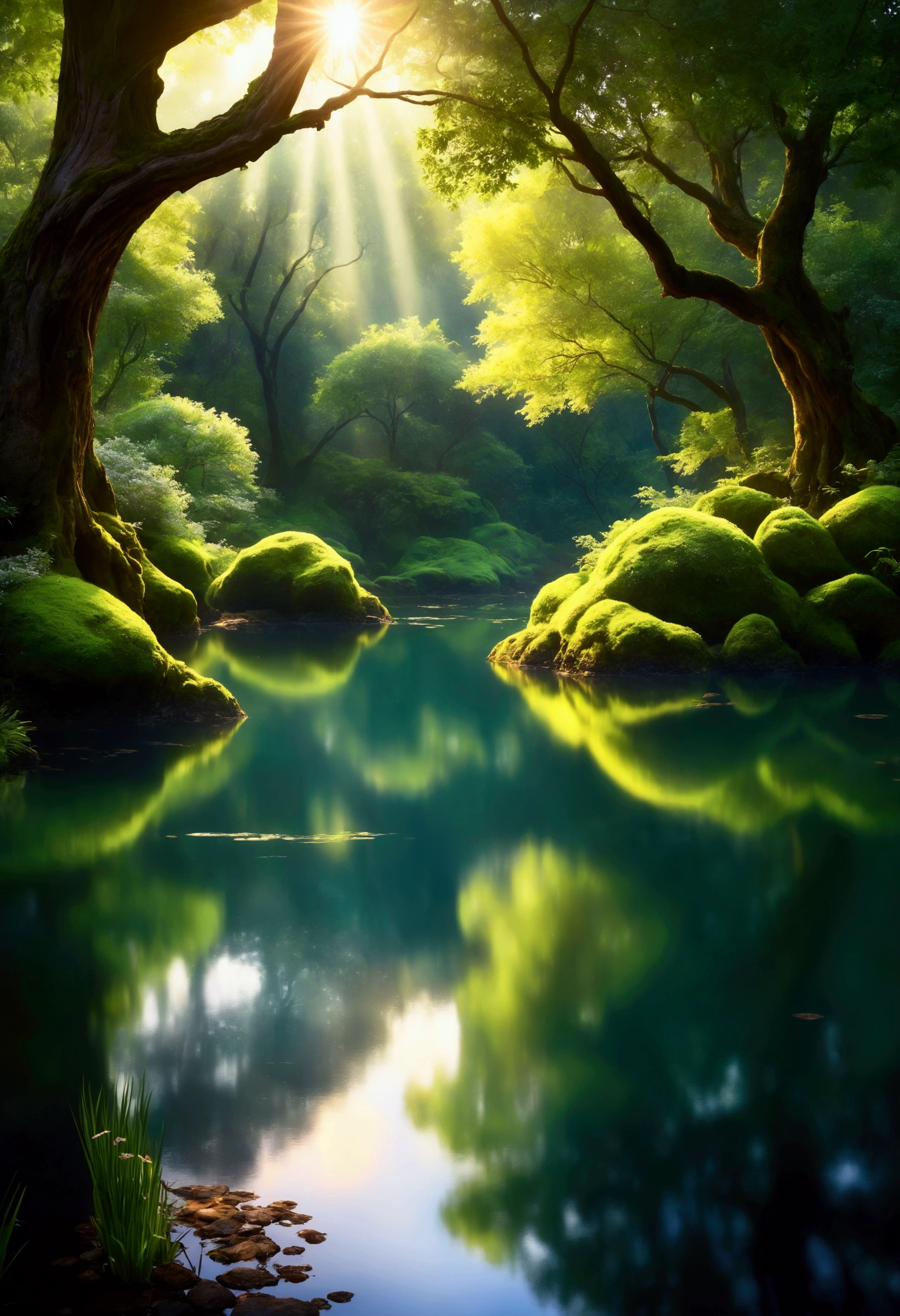 (best quality, high resolution:1.2), very detailed, realistic, sight, The Enchanted Forest, Beautiful reflection, peaceful atmosphere, soft sunlight, calm valley, Lush green vegetation, A tranquil and peaceful scene, Subtle color palette, Calm atmosphere, breeze, birdsong heard from afar, vivid colors, The freshness of dawn after the rain, magnificent and beautiful, golden sky, underwater rocks, Rippled patterns on the water surface, sublime tranquility, balance, Leisurely and elegant composition, soft lighting, Warm sunlight filtering through tree branches,