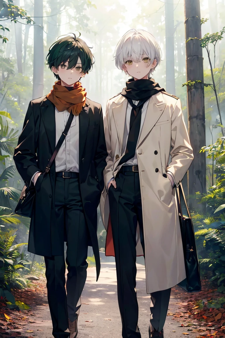 (Boy, heavy bangs, short, green hair, dark eyes, brown eyes, long white scarf, red long sleeves, black long pants, no top, no bag)  and (Boy, no scarf, white hair, yellow eyes, white shirt, red trousers, no jacket, red shoulder bag)The two of them are standing side by side in the forest, the same height.