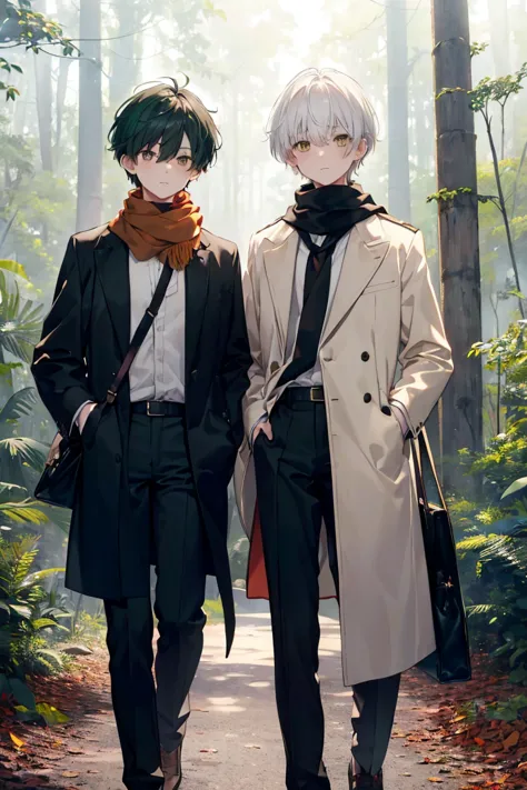 (boy, heavy bangs, short, green hair, dark eyes, brown eyes, long white scarf, red long sleeves, black long pants, no top, no ba...