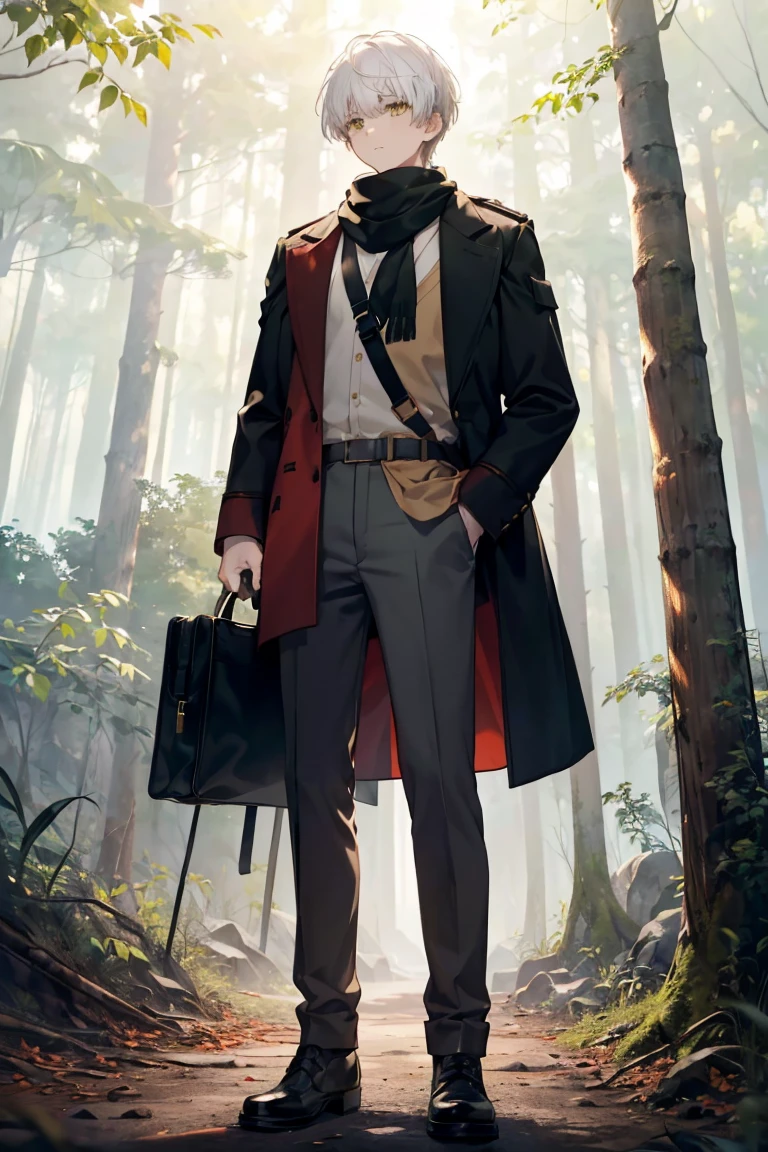 (Boy, heavy bangs, short, green hair, dark eyes, brown eyes, long white scarf, red long sleeves, black long pants, no top, no bag)  and (Boy, no scarf, white hair, yellow eyes, white shirt, red trousers, no jacket, red shoulder bag)The two of them are standing side by side in the forest, the same height.