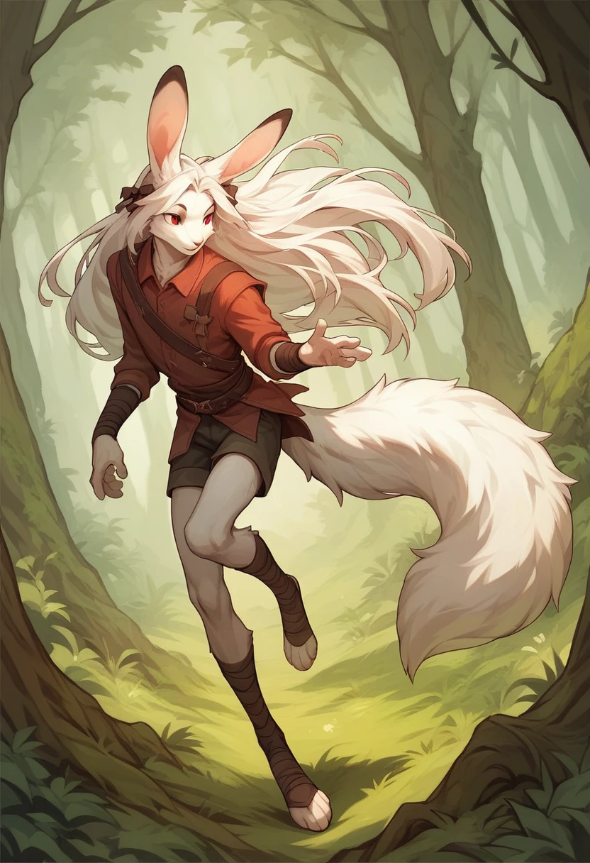 Male bunny, lean body, white fur, long hair, whole body, pose, red eyes, clothes of a forest archer, bow in hands, fluffy tail, long legs