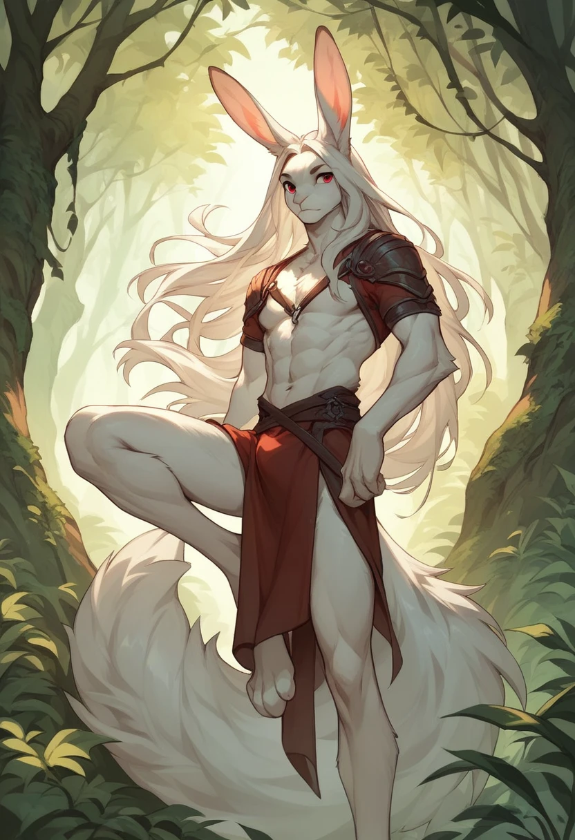 Male bunny, lean body, white fur, long hair, whole body, pose, red eyes, clothes of a forest archer, bow in hands, fluffy tail, long legs