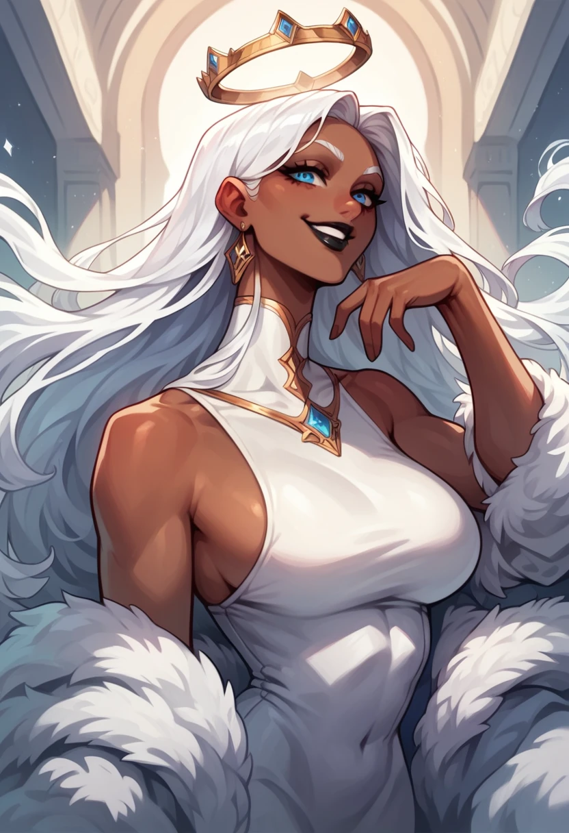 Woman, big butt, dark skin, white hair, white dress, blue eyes, crown shaped halo, black lipstick, provocative smile, provocative, calm eyes